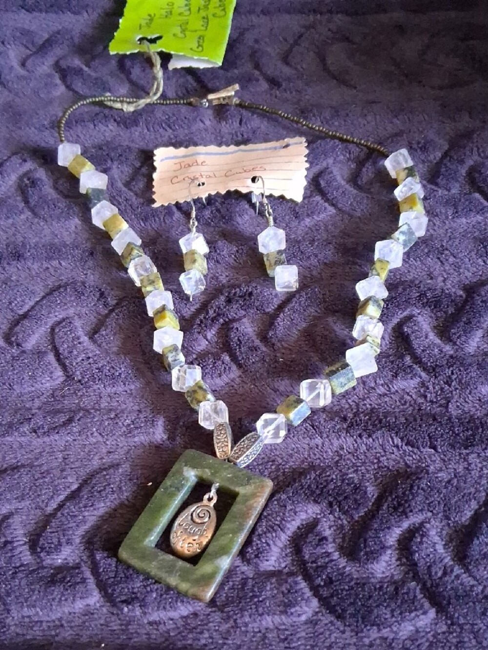 Jade, Crystal, Green Lace Jasper Necklace, Necklace and Earrings set 'Laugh Ofte